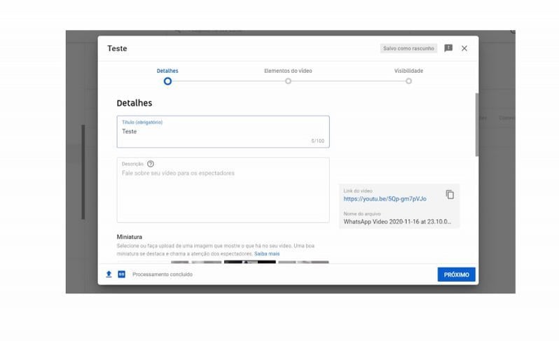 página de configurações de postagem do YouTube