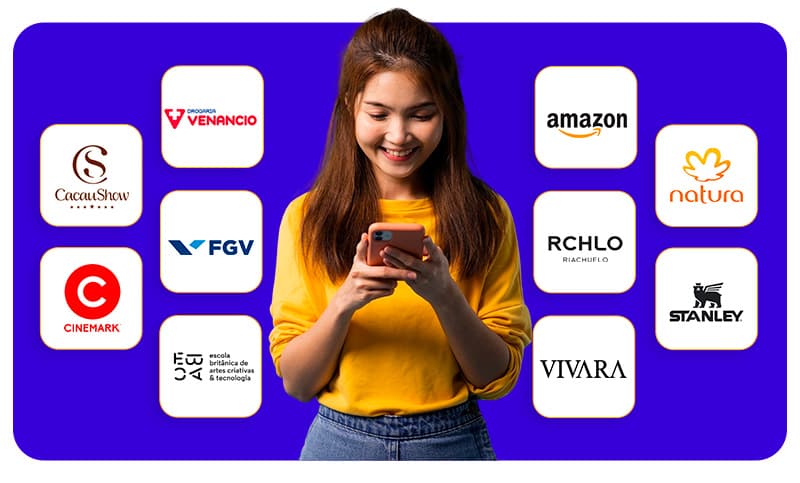 Imagem com parceiros do Rede Parcerias, como: Casas Bahia, Centauro, Dell, Descomplica, Dominos, Evino, Havanna, LG, Mackenzie, Magalu, Movida, Natura, Netshoes, Olympikus, Petz, Riachuelo, Salon Line, Stanley, Tres, Unidas e Vivara.