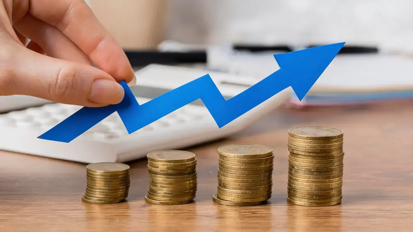 seta e moedas em crescimento