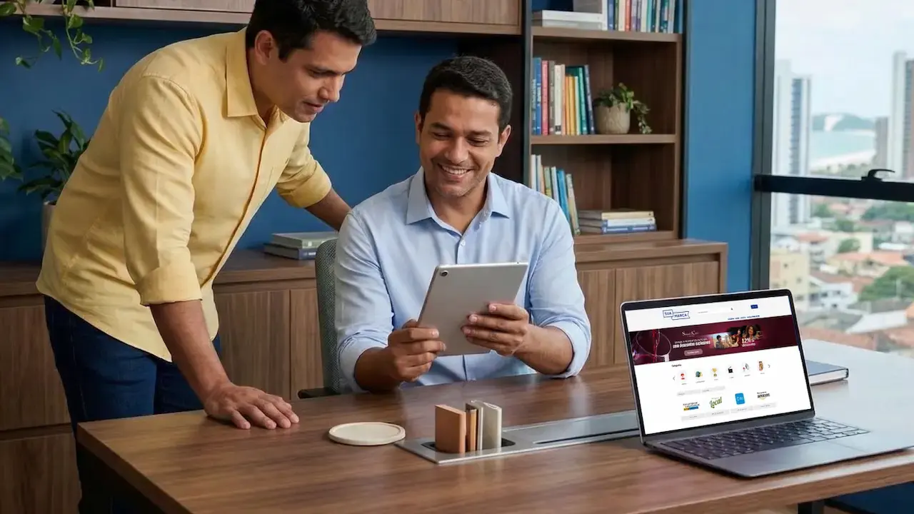 duas pessoas acessando um clube de vantagens