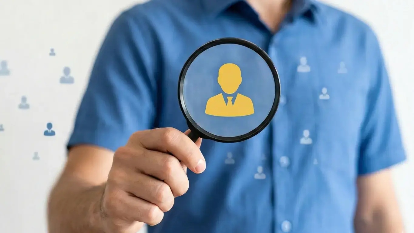 pessoa segurando lupa com cliente no centro